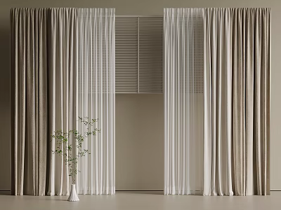 Modern Minimalist Beige And White Linen Curtains With Sheer Layers And Potted Plant 3d model