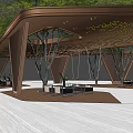 Modern Pergola With Brown Roof Geometric Structure Glass Railings And Green Trees