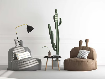 Casual Sofa Set With Gray Brown Ear Design Small Coffee Table Cactus And Floor Lamp 3d model