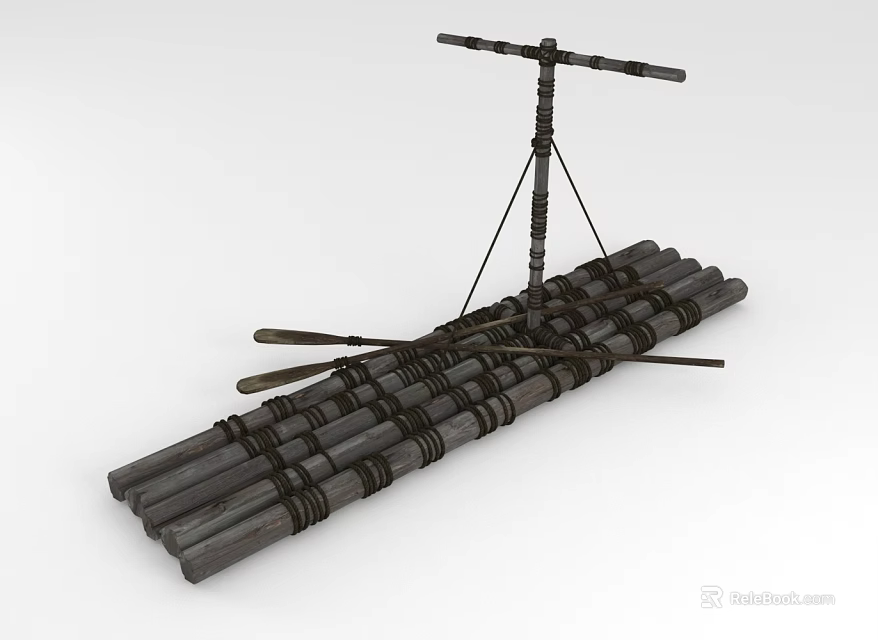 Traditional Wooden Boat Construction With Bundled Logs Mast And Oars 3d model 