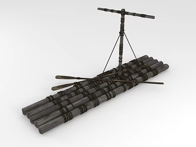 Traditional Wooden Boat Construction With Bundled Logs Mast And Oars 3d model