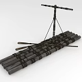 Traditional Wooden Boat Construction With Bundled Logs Mast And Oars