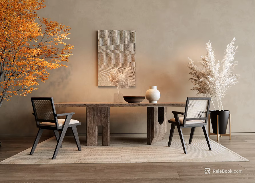 Minimalist Wooden Dining Table Set With Black Framed Chairs Orange Leaf Plant And Wall Art 3d model 