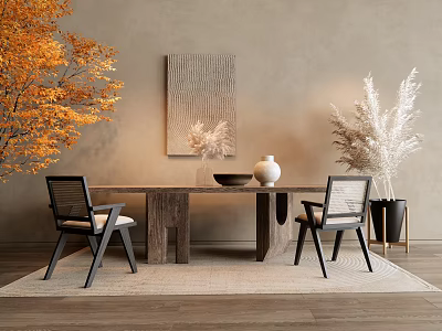 Minimalist Wooden Dining Table Set With Black Framed Chairs Orange Leaf Plant And Wall Art 3d model