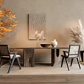 Minimalist Wooden Dining Table Set With Black Framed Chairs Orange Leaf Plant And Wall Art