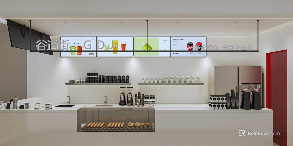 Bright Milk Tea Shop Interior With Display Case Pastries And Cups 3d model 