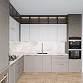 Modern Kitchen With Gray And White Cabinets Marble Countertop Wine Storage And Appliances