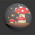Whimsical Mushroom House Furniture Inside Transparent Sphere With Red White Spots Mushrooms And Green Grass
