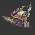 Ancient Wooden Platform With Boat Barrels Jars And Tools Setup 3d model