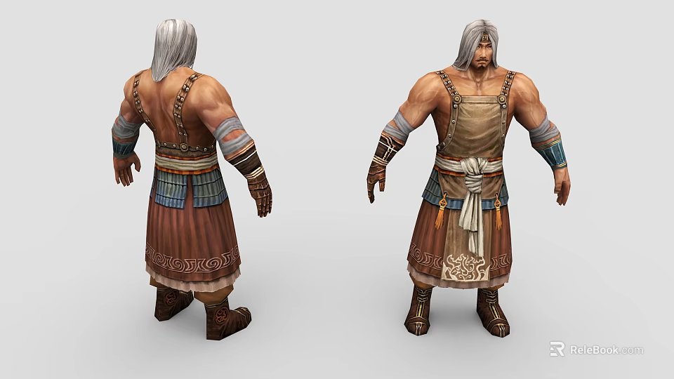 Muscular Game Character With White Hair Brown Apron Outfit Colorful Arm Wraps And Ornate Patterns 3d model 