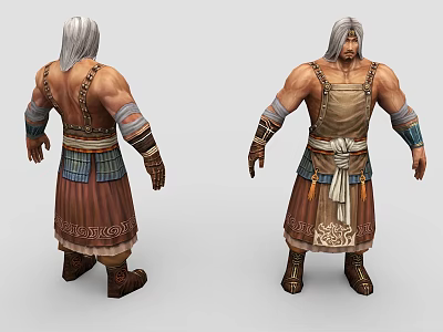 Muscular Game Character With White Hair Brown Apron Outfit Colorful Arm Wraps And Ornate Patterns 3d model
