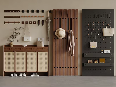 Modern Minimalist Shoe Cabinet With Rattan Doors Hanging Rail And Bag Storage Hooks 3d model