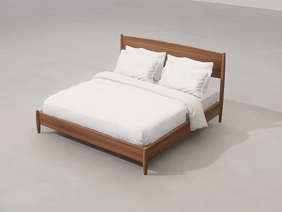 Minimalist Double Bed Interior With Wooden Frame Headboard And White Sheets 3d model