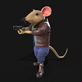 Cartoon Mouse Character Wearing Brown Leather Jacket Blue Jeans Green Scarf Holding Gun And Boots