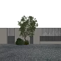 Modern Garden Wall Design With Vertical Slats Tree Shrub And Gravel Ground