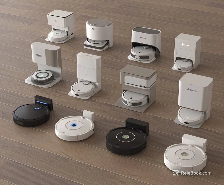 Smart Home Cleaning Machines with Multiple Robotic Vacuums and Charging Stations on Wooden Floor 3d model 