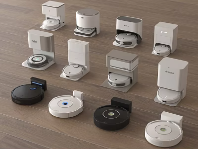 Smart Home Cleaning Machines with Multiple Robotic Vacuums and Charging Stations on Wooden Floor 3d model