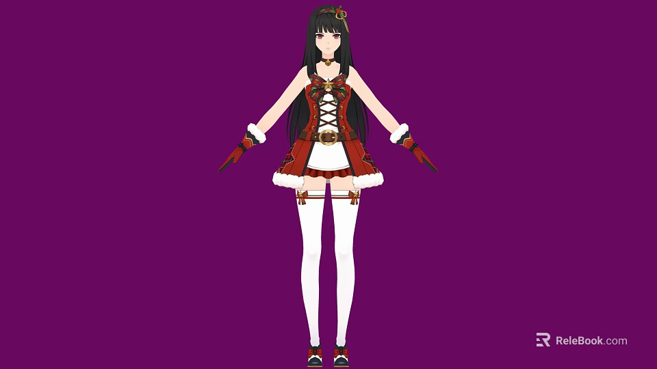Anime Woman With Long Hair Red White Corset Outfit Thigh High Socks And Gloves 3d model 