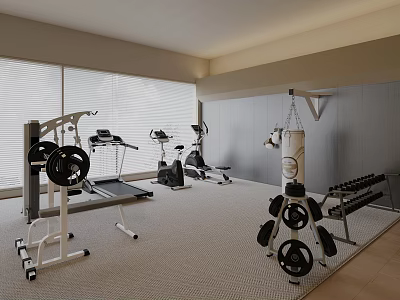 Home Gym Interior Featuring Treadmill Elliptical Punching Bag And Dumbbells 3d model