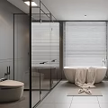 Modern Bathroom Interior With Freestanding Bathtub Large Window Blinds Glass Partition And Round Mirror Vanity