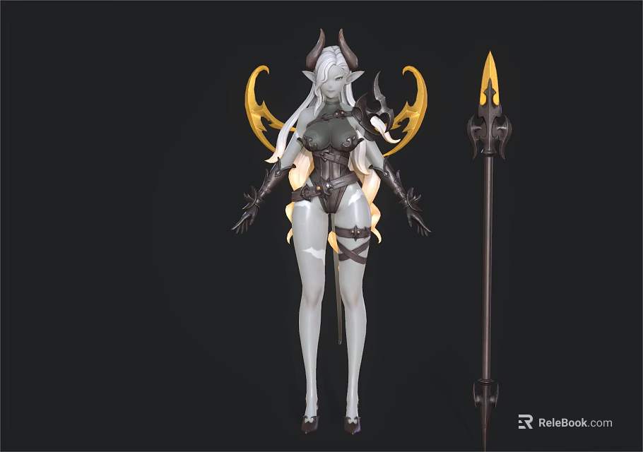Game Fantasy Character With White Hair Horns Fiery Wings And Armored Spear Design 3d model 