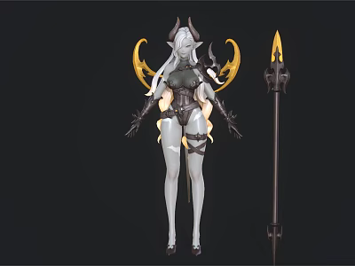 Game Fantasy Character With White Hair Horns Fiery Wings And Armored Spear Design 3d model
