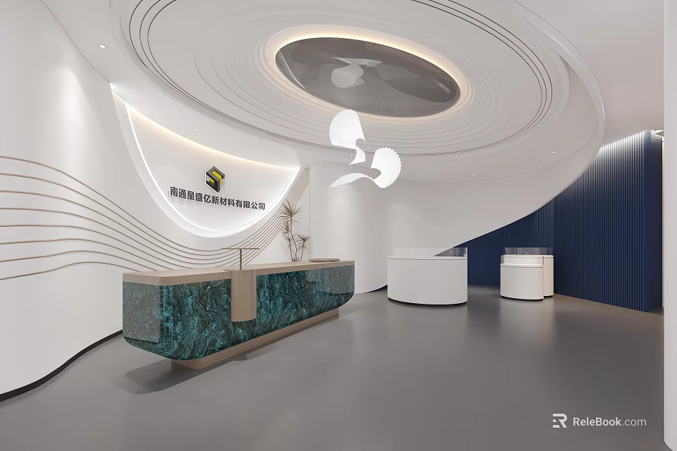Modern Hotel Lobby Interior With White Curved Walls Circular Ceiling And Green Marble Reception Desk 3d model 
