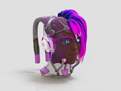 Futuristic Cyberpunk Character With Purple Pink Hair And Mechanical Headphones 3d model