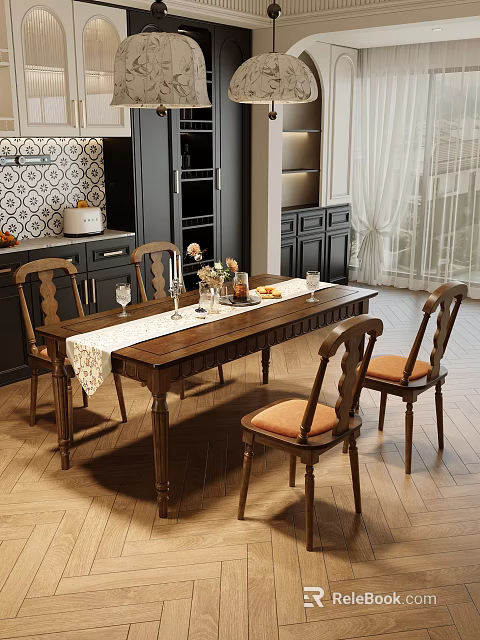Vintage Solid Wood Dining Table Set With Four Padded Chairs For Cozy Home Dining Area 3d model 
