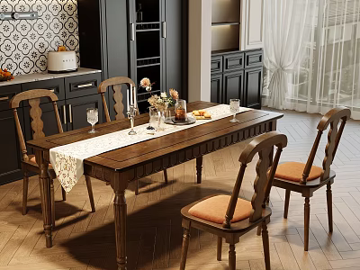 Vintage Solid Wood Dining Table Set With Four Padded Chairs For Cozy Home Dining Area 3d model