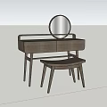 Modern Wooden Dressing Table With Round Mirror And Matching Stool 3d model