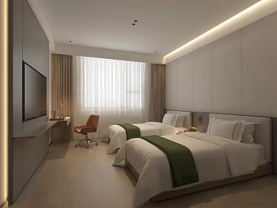 Modern Hotel Guest Room With Twin Beds White Bedding And Green Bed Runners 3d model