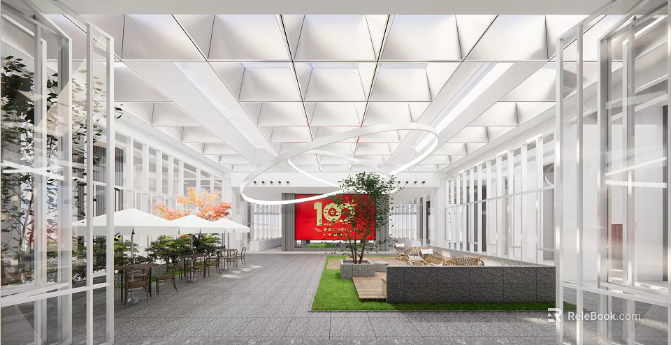 Modern Hotel Lobby Interior Design With White Ceiling Green Plants Red Decor And Lawn Area 3d model 