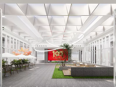 Modern Hotel Lobby Interior Design With White Ceiling Green Plants Red Decor And Lawn Area 3d model