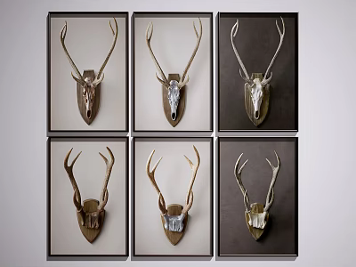 Six Framed Deer Head Mounts in Grid Arrangement for Home Wall Decor 3d model