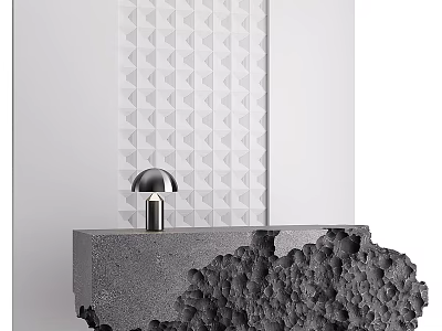 Modern Concrete Table with Rock Like Rough Texture and Silver Lamp Against White Triangular Wall 3d model