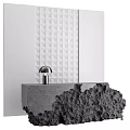 Modern Concrete Table with Rock Like Rough Texture and Silver Lamp Against White Triangular Wall 3d model