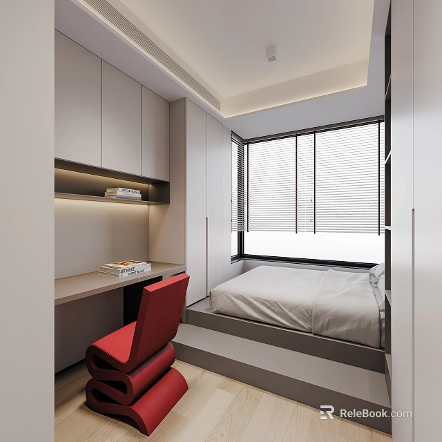 Modern Tatami Bedroom Interior With Tatami Bed Desk Red Chair And Window Blinds 3d model 
