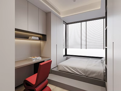 Modern Tatami Bedroom Interior With Tatami Bed Desk Red Chair And Window Blinds 3d model