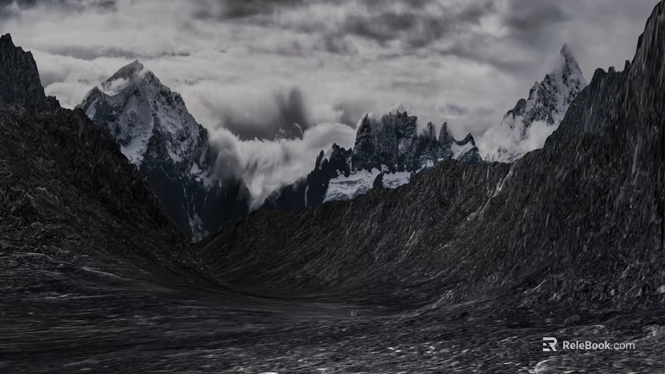 Garden Landscape With Snowy Mountain Peaks And Cloudy Valley Scenery 3d model 