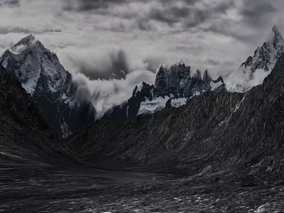 Garden Landscape With Snowy Mountain Peaks And Cloudy Valley Scenery 3d model