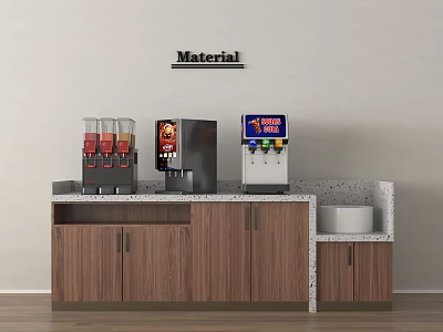 Material Display Setup With Beverage Dispensers Coffee Machine Marble Countertop And Wooden Cabinets 3d model