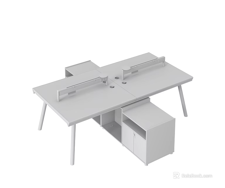 Modern White Office Desk With Dividers And Cabinet Storage For Workspace 3d model 