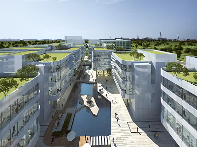 Modern Industrial Plant Complex With Green Roofs Central Waterway And Pedestrian Areas 3d model