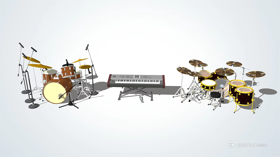 Professional Musical Instruments and Art Supplies Collection with Drums Keyboard and Brushes 3d model 