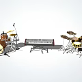 Professional Musical Instruments and Art Supplies Collection with Drums Keyboard and Brushes