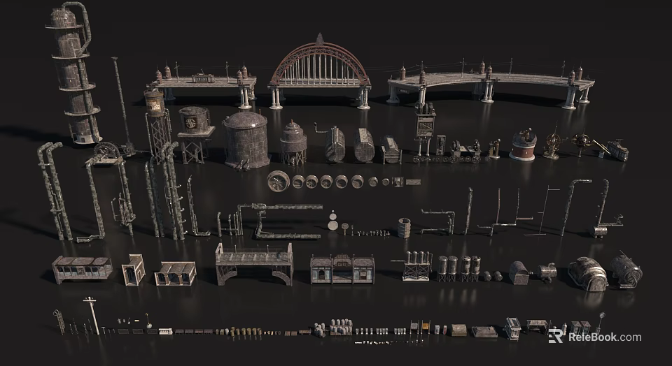 Detailed Industrial Equipment Models Including Bridges Tanks Pipes And Structural Components 3d model 