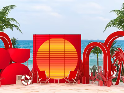 Vibrant Red Photo Spot with Arches Palms Beach Chairs Gradient Sun Sea Blue Sky 3d model