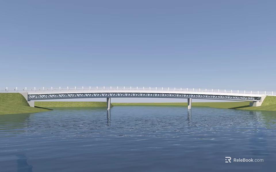 Modern Steel Bridge With Simple Design Over Calm Water Under Clear Blue Sky 3d model 