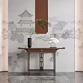 Elegant Modern Console Table With Traditional Wall Art And Decorative Plants 3d model